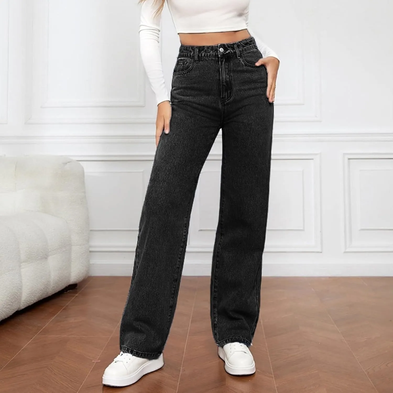 Women's High Waist Washed Ripped Jeans,Vintage Loose Fit Straight Leg Denim Trousers,Casual Stretch Comfort Pants
