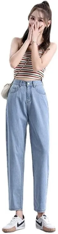 Womens High Waisted Jeans Loose Fit Harem Pants for Women Nine Point Length Light Blue Denim Tencel Jeans Flowy Lyocell