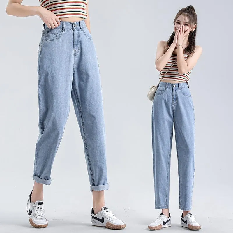 Womens High Waisted Jeans Loose Fit Harem Pants for Women Nine Point Length Light Blue Denim Tencel Jeans Flowy Lyocell