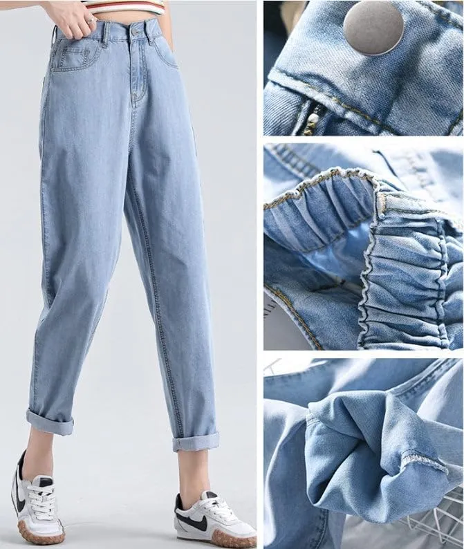 Womens High Waisted Jeans Loose Fit Harem Pants for Women Nine Point Length Light Blue Denim Tencel Jeans Flowy Lyocell