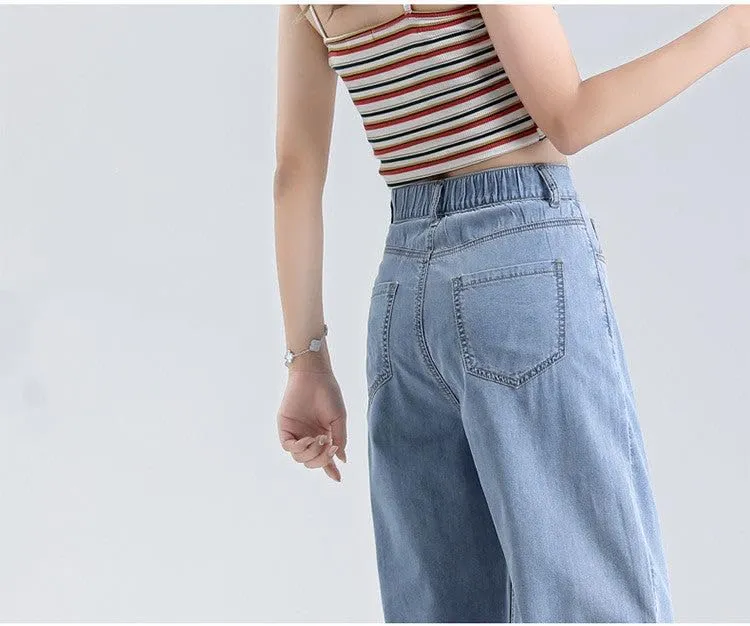 Womens High Waisted Jeans Loose Fit Harem Pants for Women Nine Point Length Light Blue Denim Tencel Jeans Flowy Lyocell