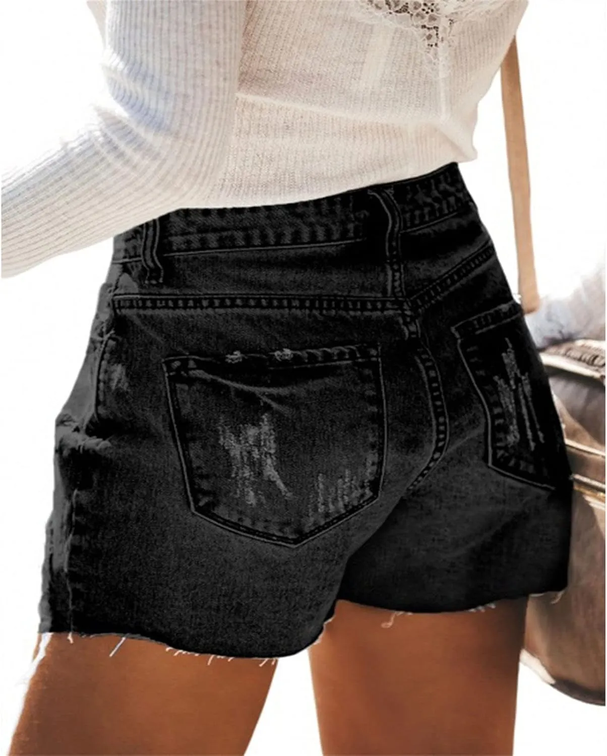 Women's High Waisted Ripped Denim Shorts Hem Ripped Hot Pants with Pockets Casual Skinny Stretch Jeans Shorts