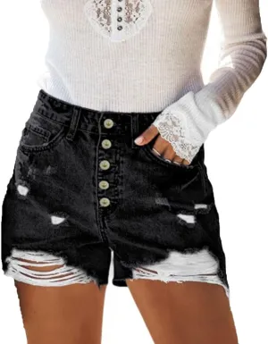 Women's High Waisted Ripped Denim Shorts Hem Ripped Hot Pants with Pockets Casual Skinny Stretch Jeans Shorts