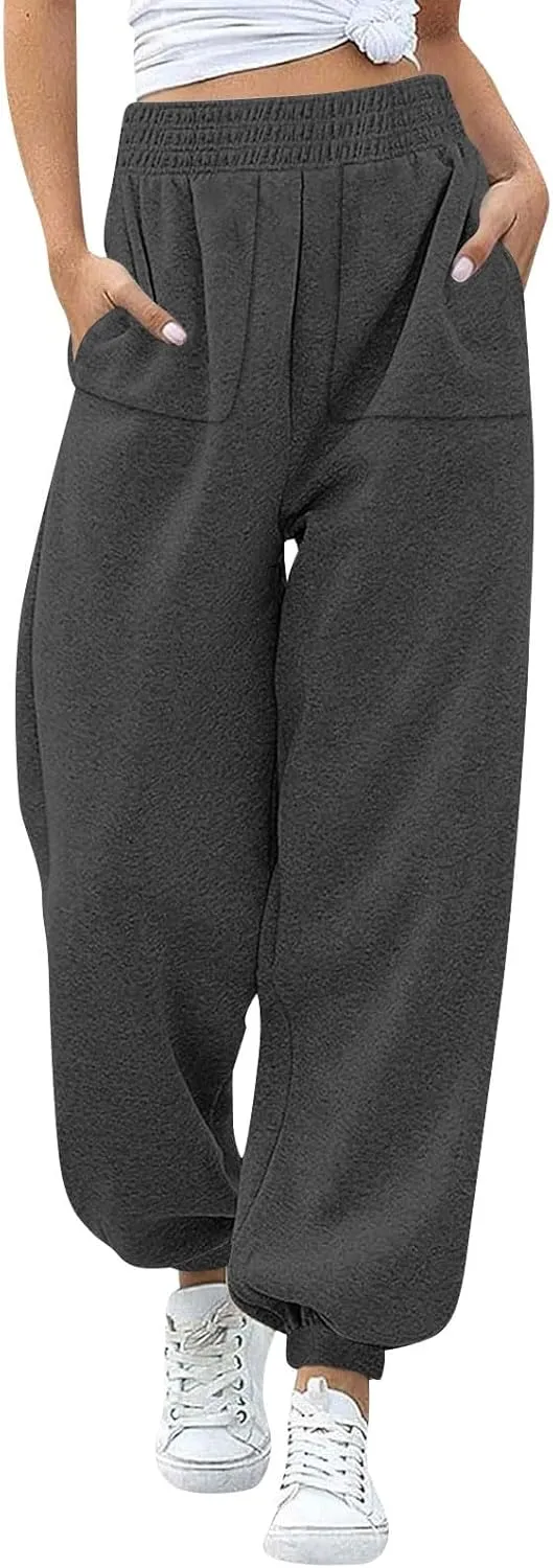 Womens Joggers with Pockets Fleece Baggy Sweatpants Elastic High Waisted Lounge Pants Workout Athletic Ankle Pants