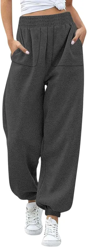 Womens Joggers with Pockets Fleece Baggy Sweatpants Elastic High Waisted Lounge Pants Workout Athletic Ankle Pants