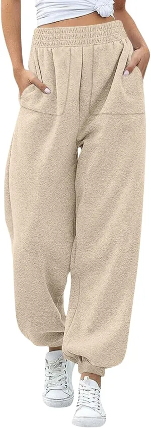Womens Joggers with Pockets Fleece Baggy Sweatpants Elastic High Waisted Lounge Pants Workout Athletic Ankle Pants