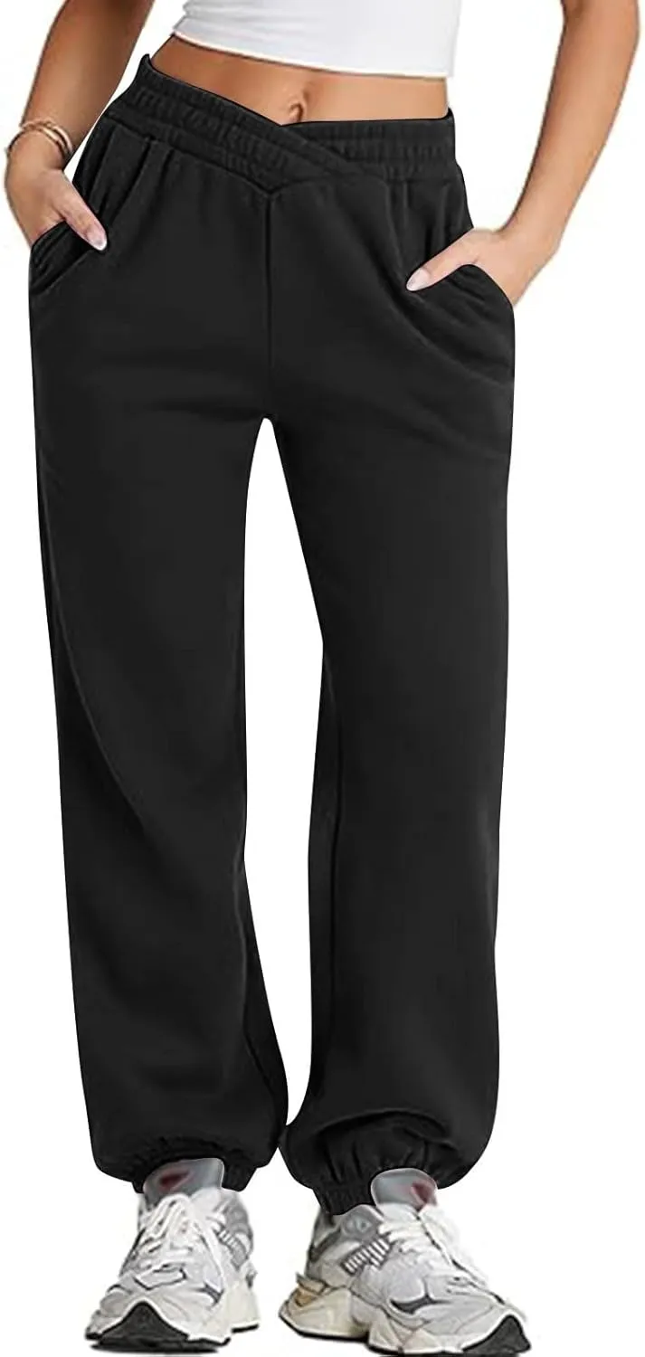 Womens Joggers with Pockets Fleece Baggy Sweatpants Low Rise Crossover Waist Loose Lounge Pants Workout Ankle Pants