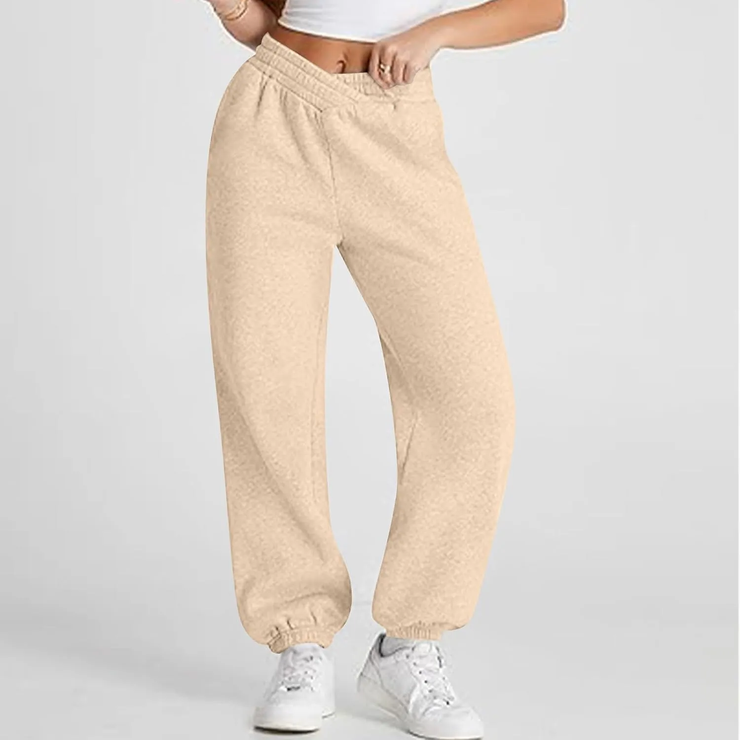 Womens Joggers with Pockets Fleece Baggy Sweatpants Low Rise Crossover Waist Loose Lounge Pants Workout Ankle Pants