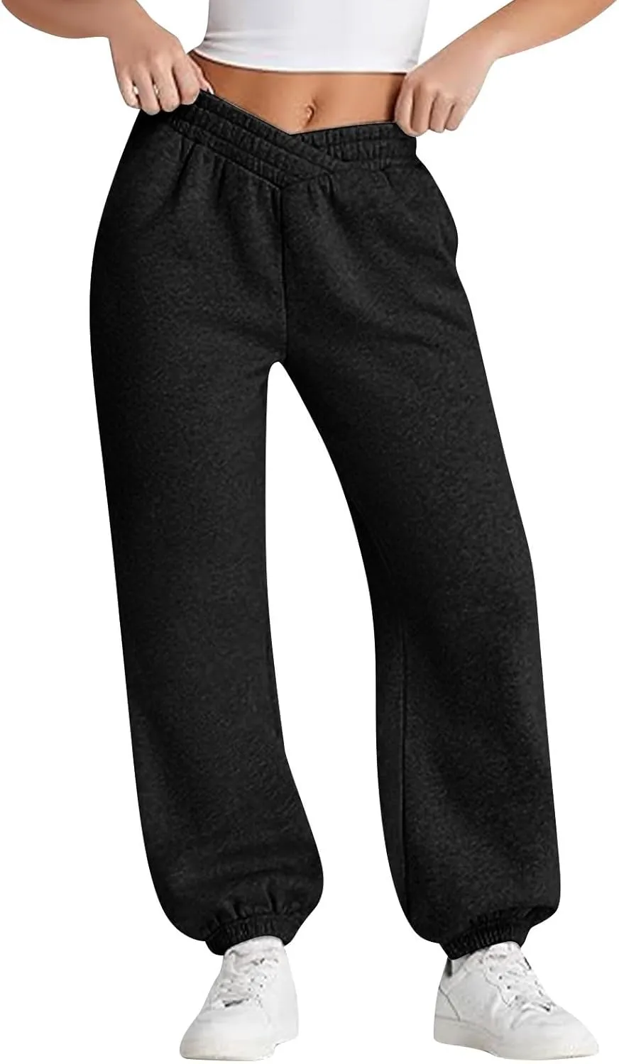 Womens Joggers with Pockets Fleece Baggy Sweatpants Low Rise Crossover Waist Loose Lounge Pants Workout Ankle Pants