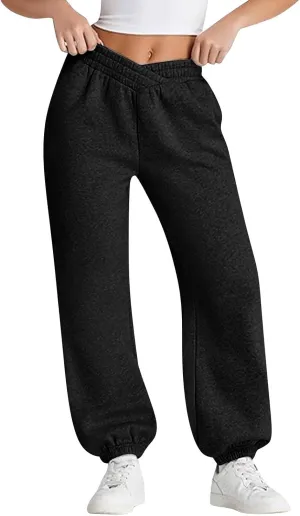 Womens Joggers with Pockets Fleece Baggy Sweatpants Low Rise Crossover Waist Loose Lounge Pants Workout Ankle Pants
