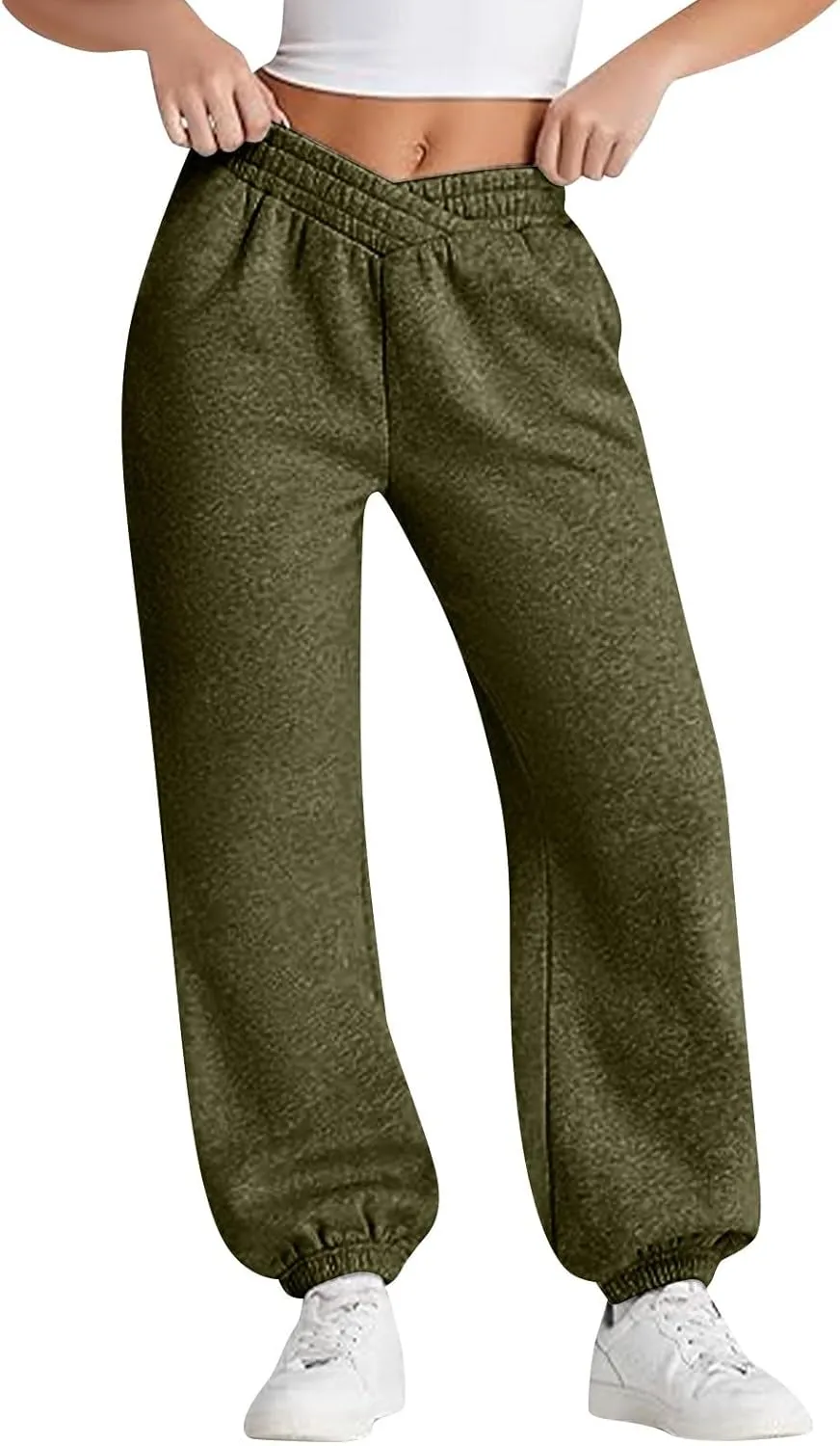 Womens Joggers with Pockets Fleece Baggy Sweatpants Low Rise Crossover Waist Loose Lounge Pants Workout Ankle Pants