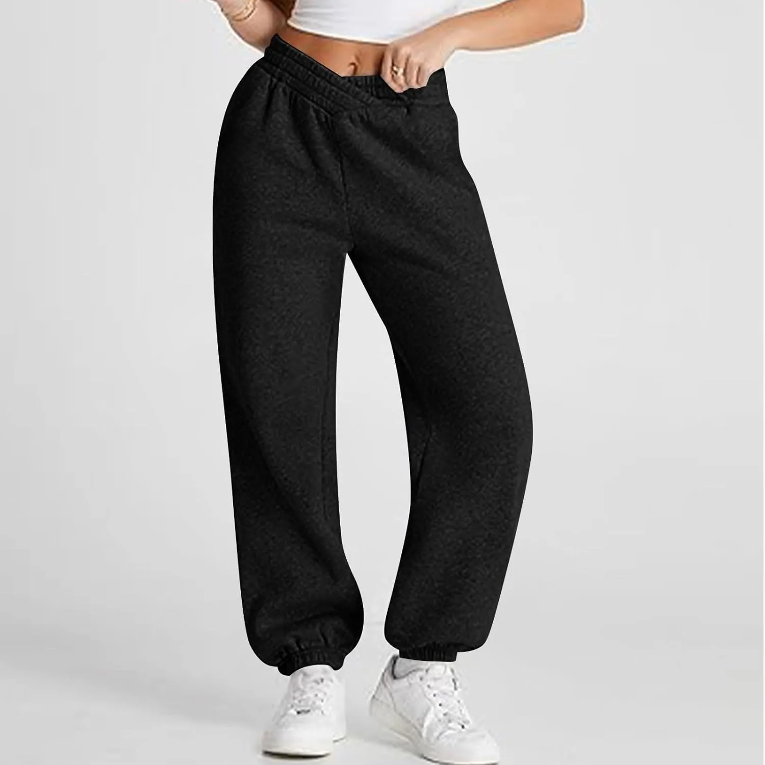 Womens Joggers with Pockets Fleece Baggy Sweatpants Low Rise Crossover Waist Loose Lounge Pants Workout Ankle Pants