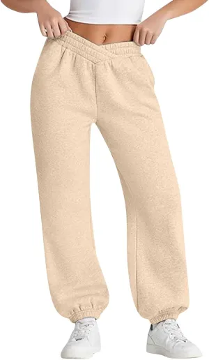 Womens Joggers with Pockets Fleece Baggy Sweatpants Low Rise Crossover Waist Loose Lounge Pants Workout Ankle Pants