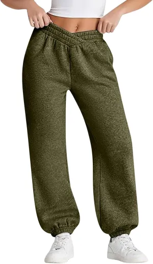 Womens Joggers with Pockets Fleece Baggy Sweatpants Low Rise Crossover Waist Loose Lounge Pants Workout Ankle Pants
