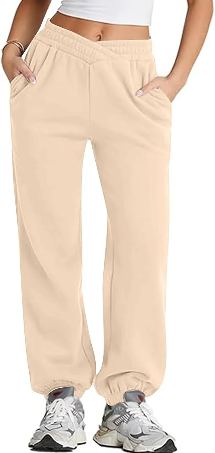 Womens Joggers with Pockets Fleece Baggy Sweatpants Low Rise Crossover Waist Loose Lounge Pants Workout Ankle Pants
