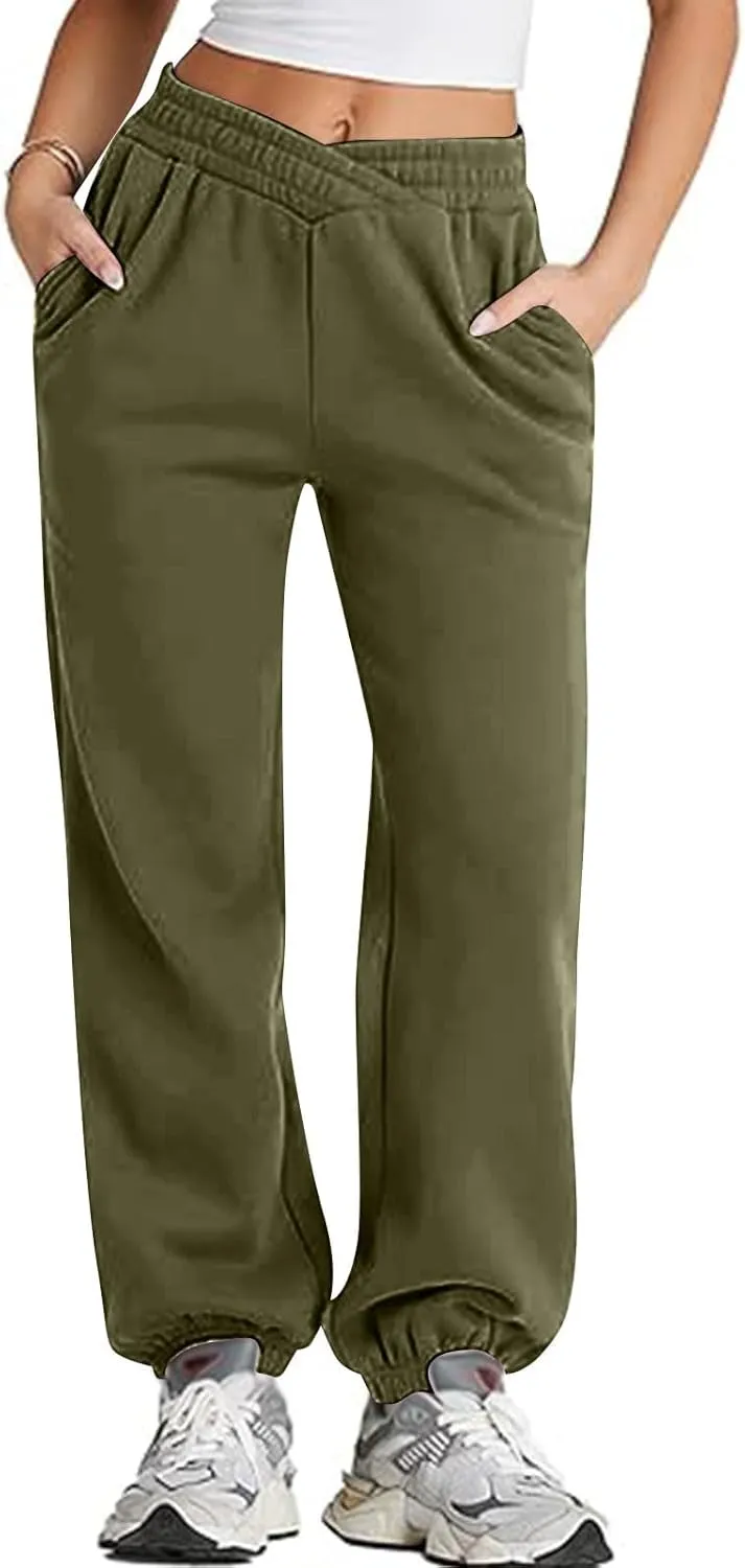 Womens Joggers with Pockets Fleece Baggy Sweatpants Low Rise Crossover Waist Loose Lounge Pants Workout Ankle Pants