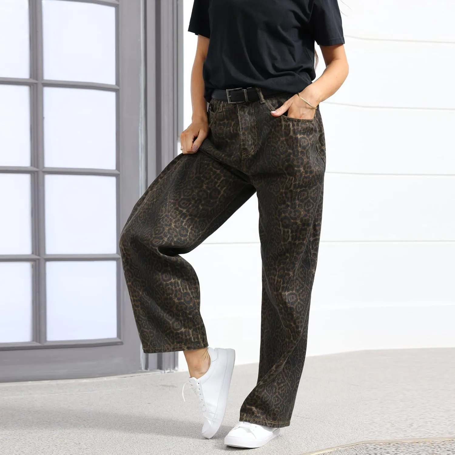 Womens Leopard Jeans Baggy Low Rise Denim Pants with Pockets Oversized Button Fly Boyfriend Y2K Trousers