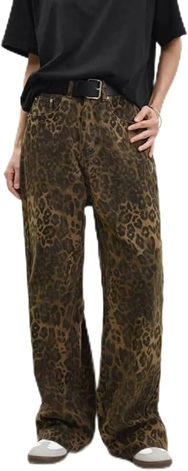 Womens Leopard Jeans Baggy Low Rise Denim Pants with Pockets Oversized Button Fly Boyfriend Y2K Trousers
