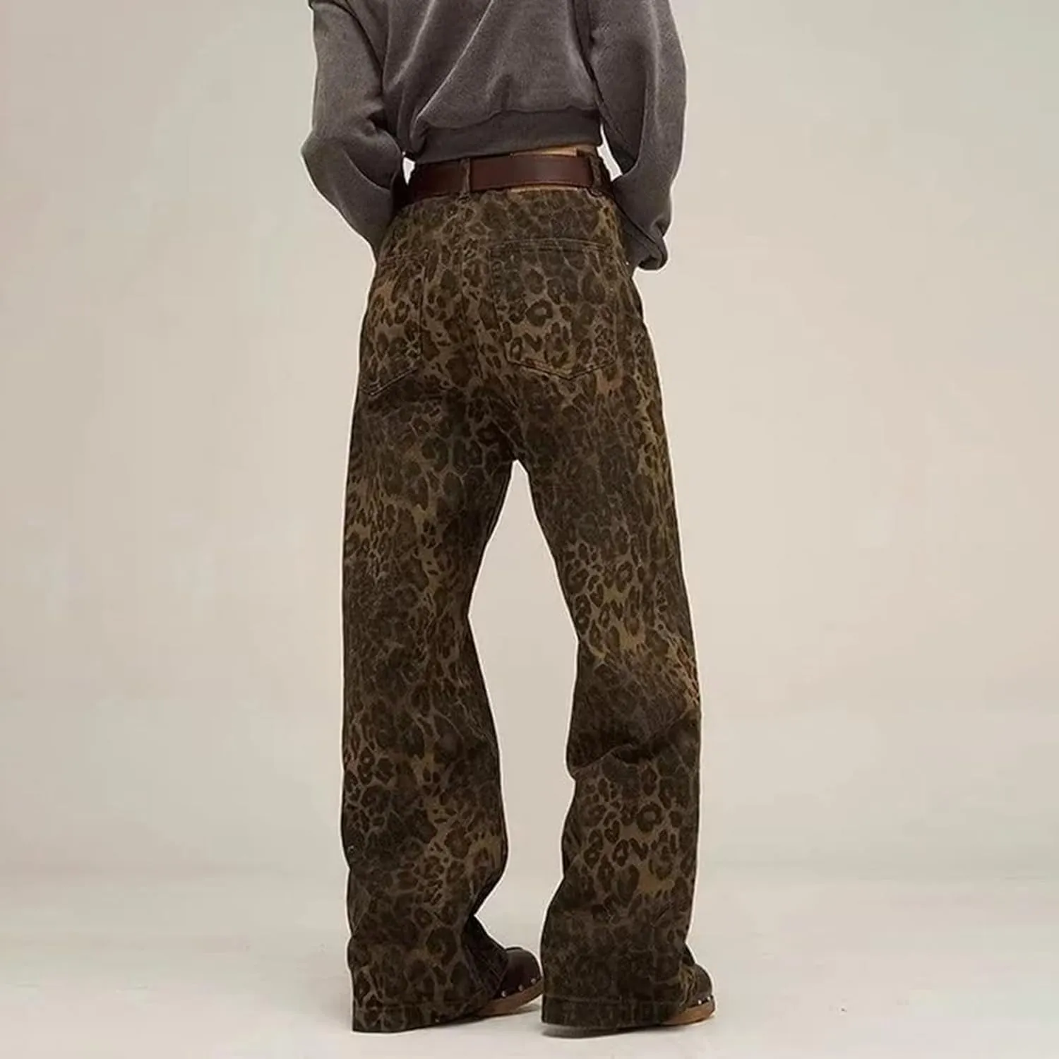 Womens Leopard Jeans Baggy Low Rise Denim Pants with Pockets Oversized Button Fly Boyfriend Y2K Trousers