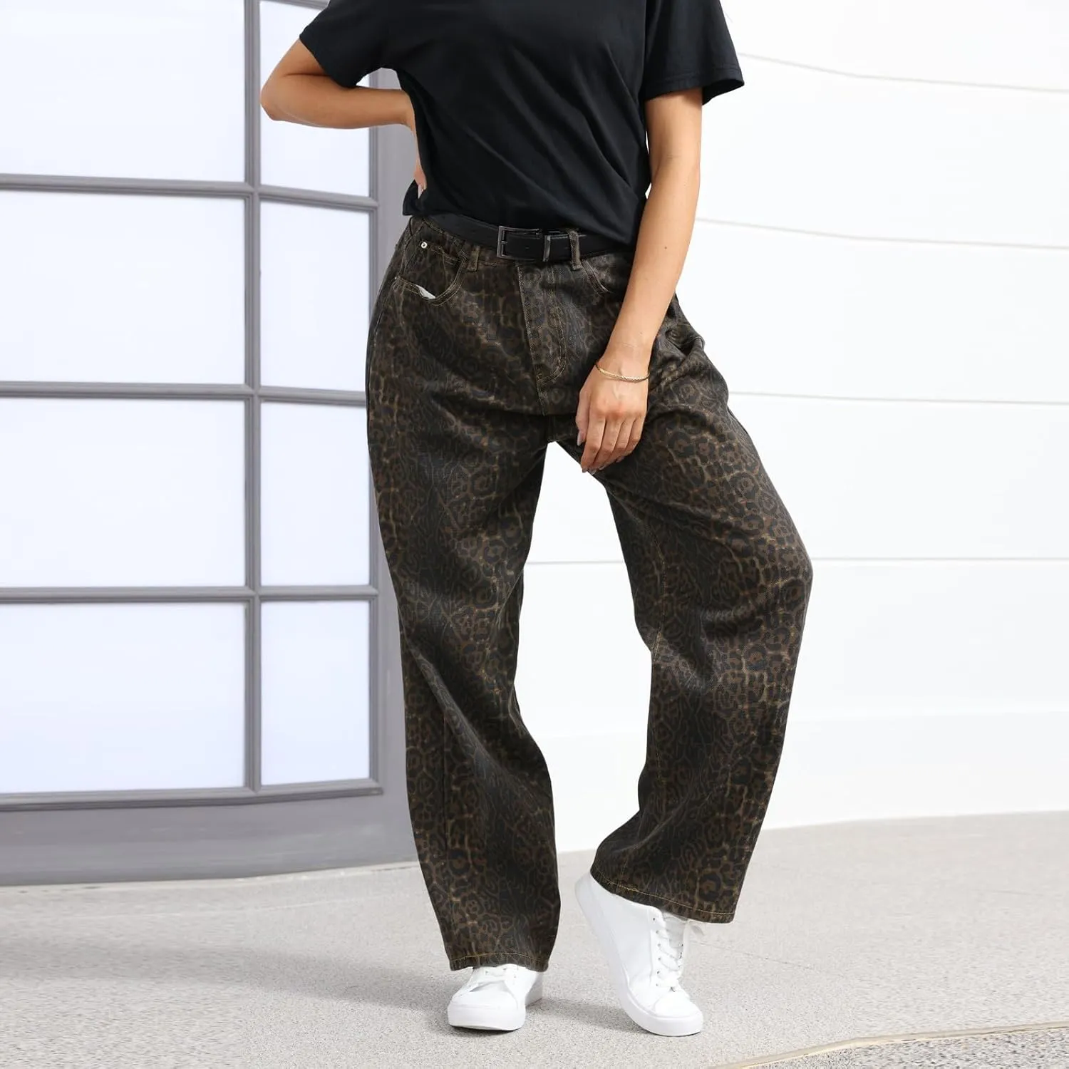 Womens Leopard Jeans Baggy Low Rise Denim Pants with Pockets Oversized Button Fly Boyfriend Y2K Trousers