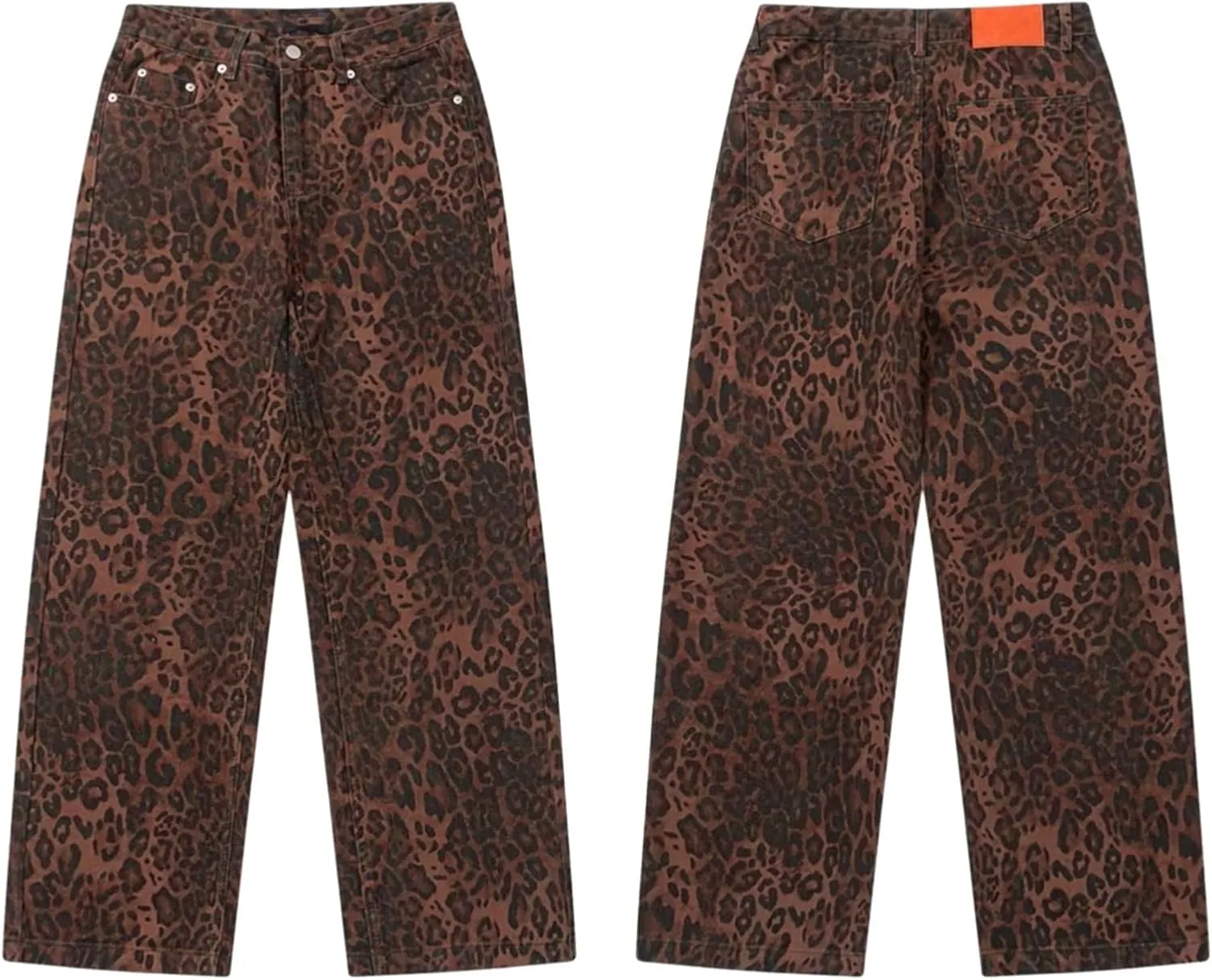 Womens Leopard Jeans Baggy Low Rise Denim Pants with Pockets Oversized Button Fly Boyfriend Y2K Trousers