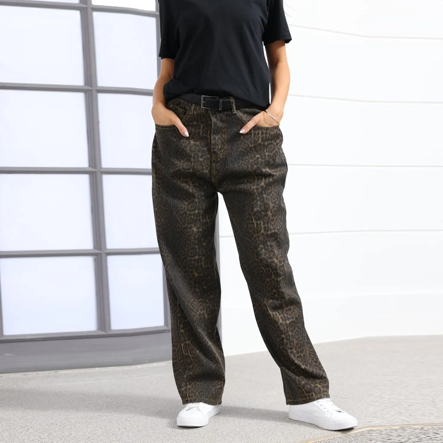 Womens Leopard Jeans Baggy Low Rise Denim Pants with Pockets Oversized Button Fly Boyfriend Y2K Trousers