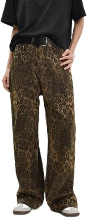 Womens Leopard Jeans Baggy Low Rise Denim Pants with Pockets Oversized Button Fly Boyfriend Y2K Trousers
