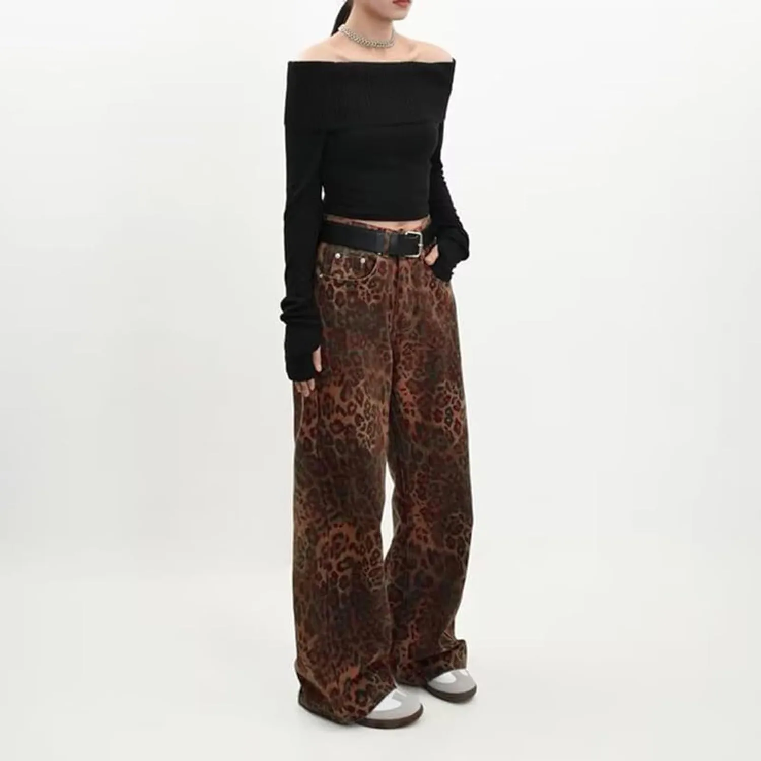 Womens Leopard Jeans Baggy Low Rise Denim Pants with Pockets Oversized Button Fly Boyfriend Y2K Trousers