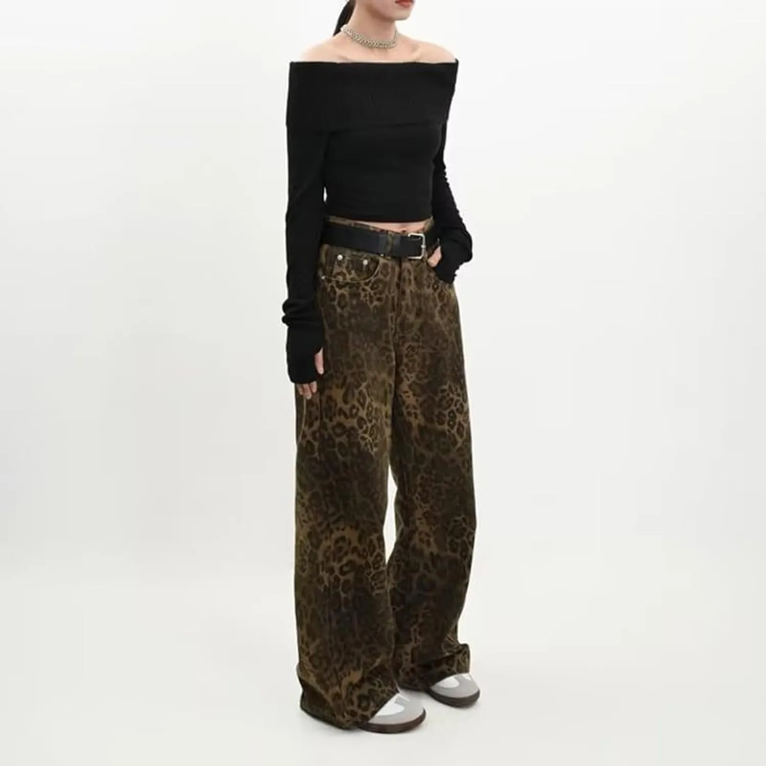 Womens Leopard Jeans Baggy Low Rise Denim Pants with Pockets Oversized Button Fly Boyfriend Y2K Trousers