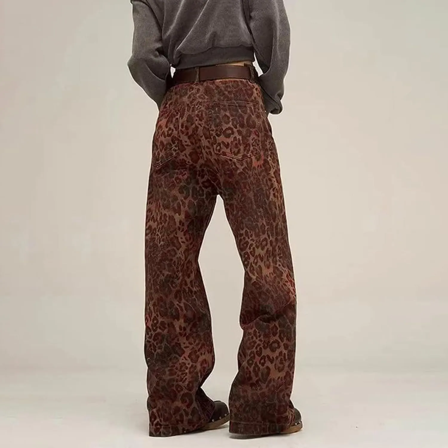 Womens Leopard Jeans Baggy Low Rise Denim Pants with Pockets Oversized Button Fly Boyfriend Y2K Trousers