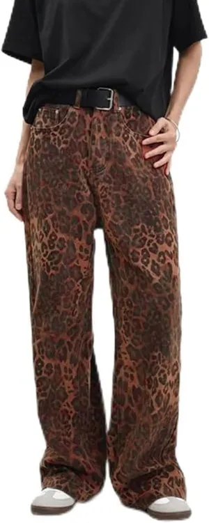 Womens Leopard Jeans Baggy Low Rise Denim Pants with Pockets Oversized Button Fly Boyfriend Y2K Trousers
