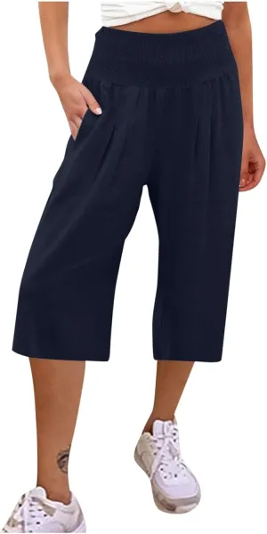 Womens Linen Palazzo Capri with Pockets Smocked High Waist Wide Leg Pants Casual Loungewear Flowy Summer Bottoms