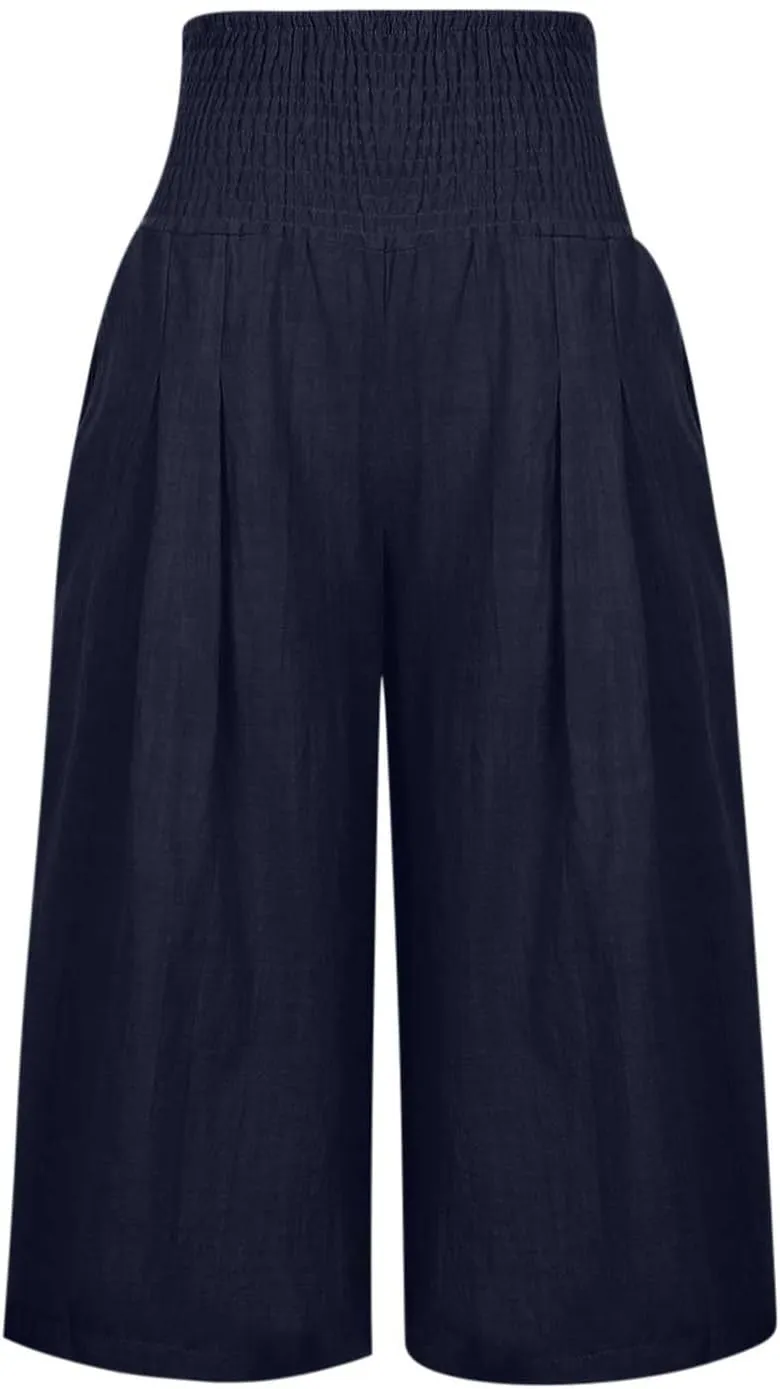 Womens Linen Palazzo Capri with Pockets Smocked High Waist Wide Leg Pants Casual Loungewear Flowy Summer Bottoms