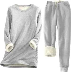 Womens Lounge Set 2 Piece Fleece Lined Loungewear Sets Soft Comfy Pajama Set Fuzzy Sherpa Sweatsuits Matching Outfits