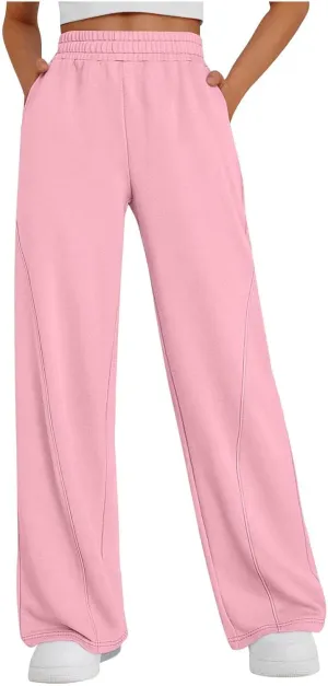 Women's Open Bottom Sweatpants with Pockets Elastic Waist Baggy Sweat Joggers Wide Leg Loose Lounge Athletic Pants