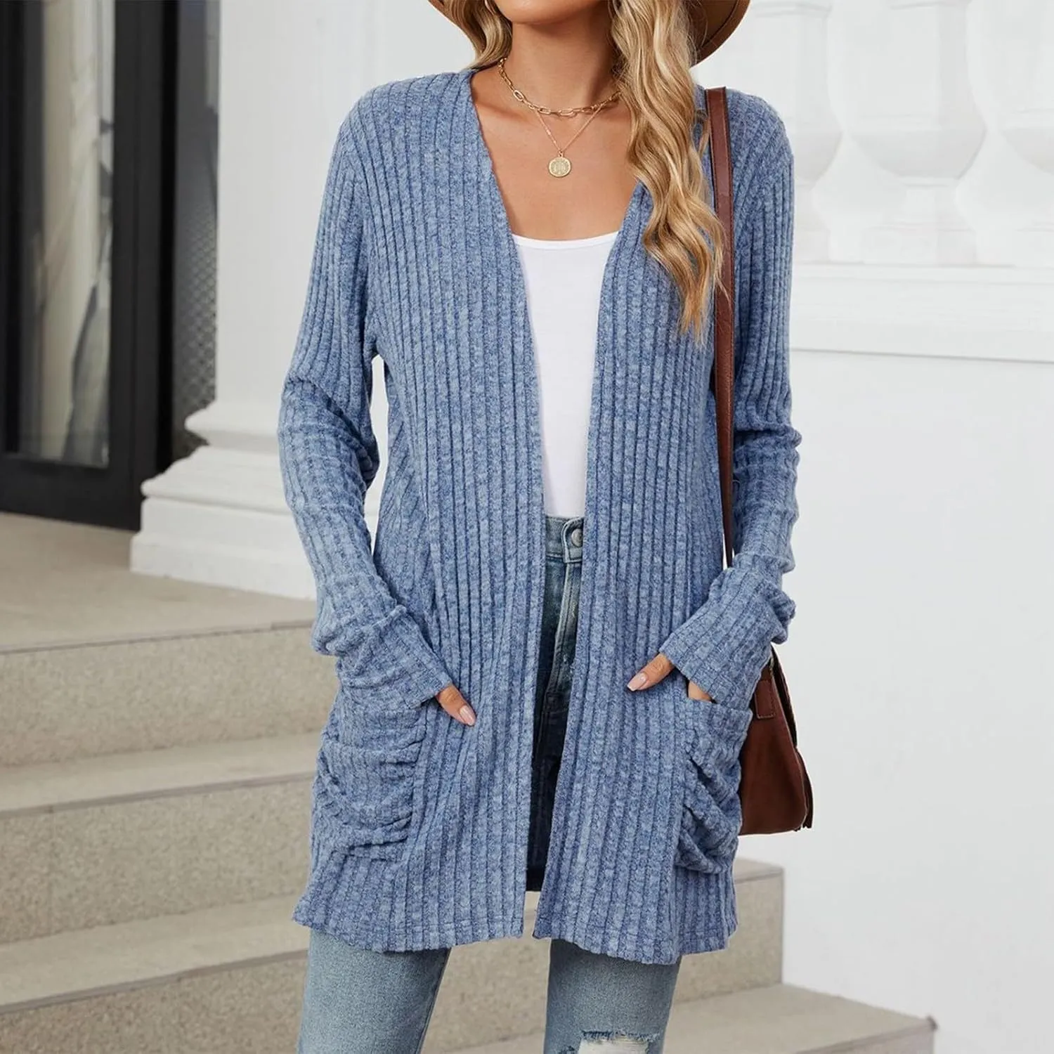 Womens Open Front Cardigan Lightweight Casual Long Sleeve Knit Sweaters Solid Color Outwear Fall Loungewear