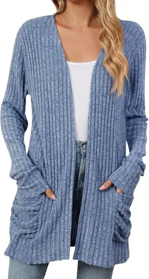 Womens Open Front Cardigan Lightweight Casual Long Sleeve Knit Sweaters Solid Color Outwear Fall Loungewear