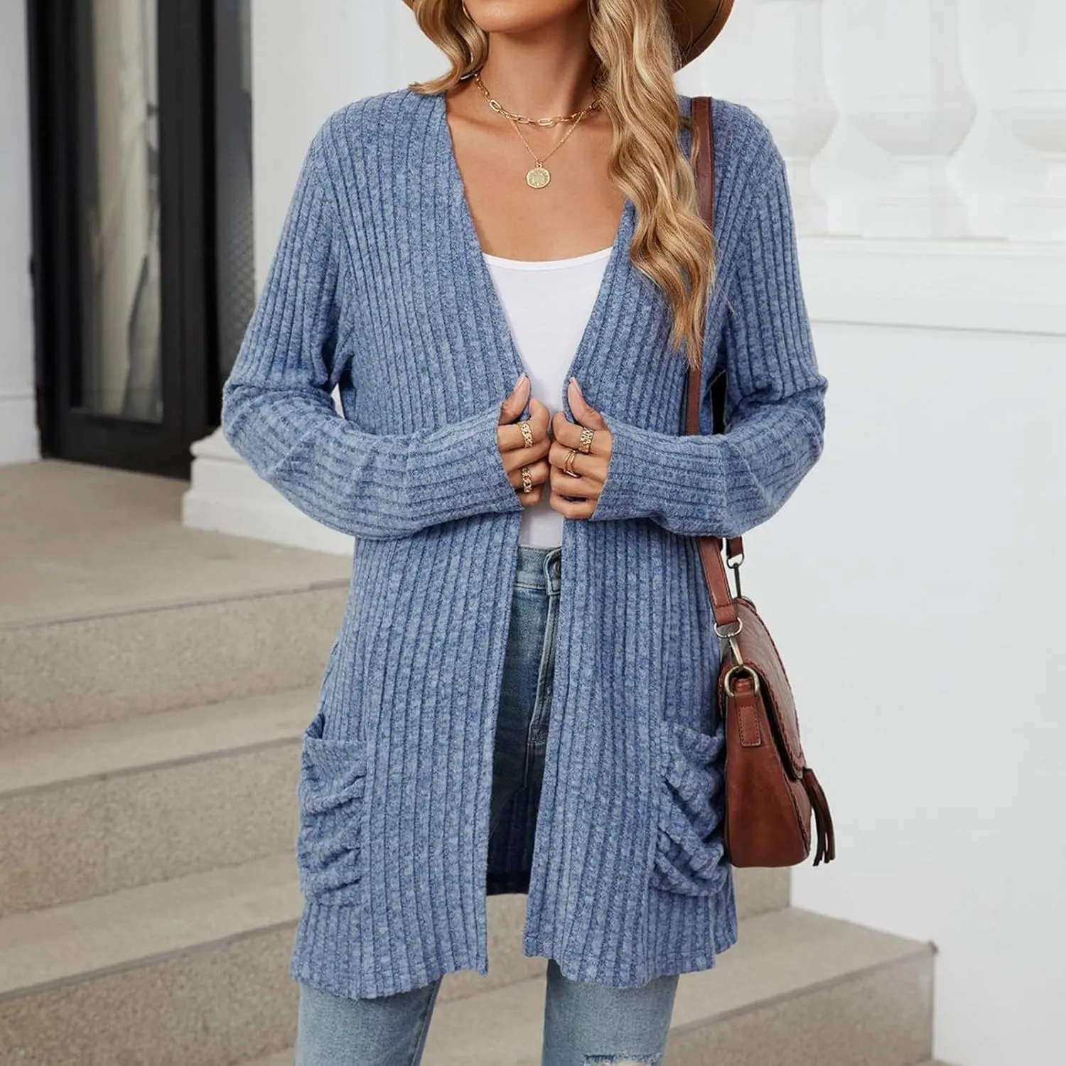 Womens Open Front Cardigan Lightweight Casual Long Sleeve Knit Sweaters Solid Color Outwear Fall Loungewear