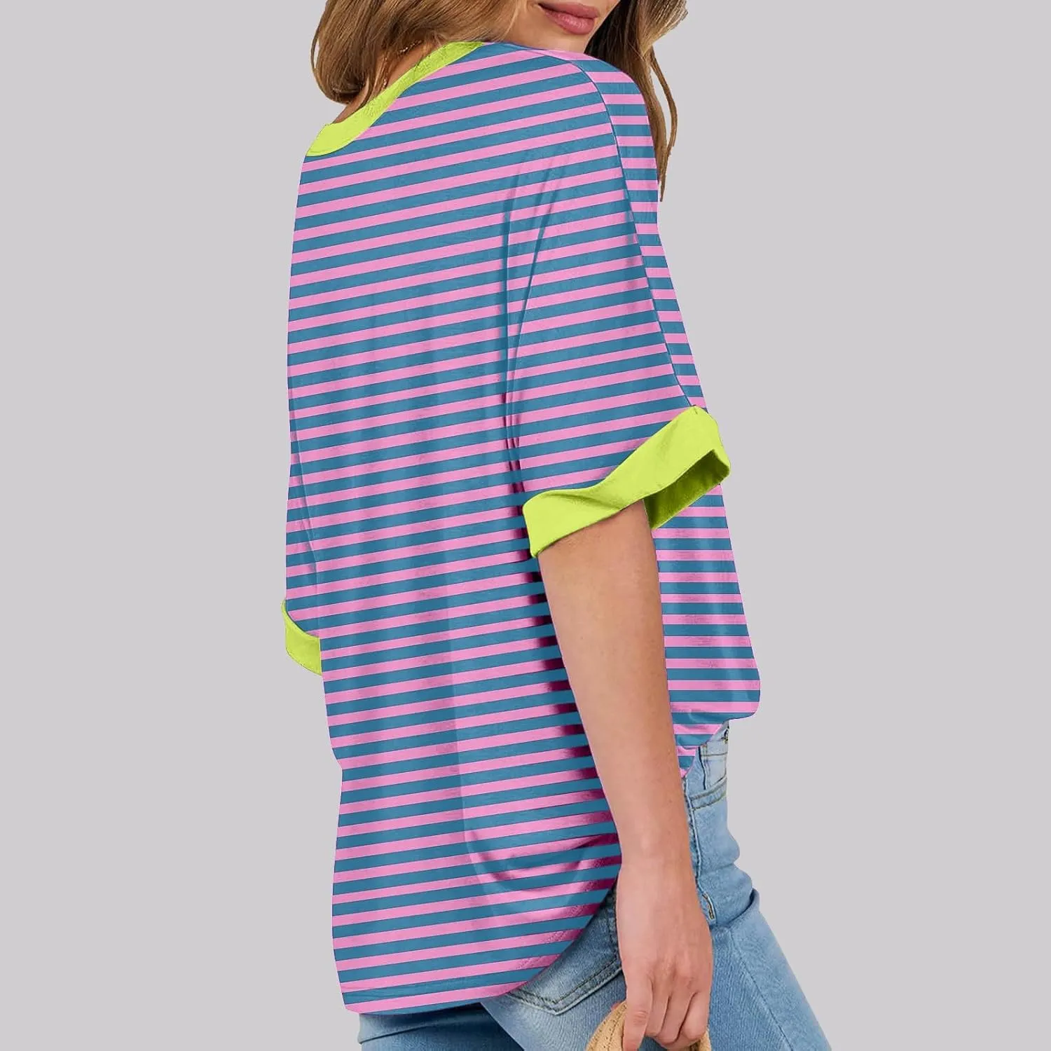 Womens Oversized T Shirts 2024 Casual Crewneck Short Half Sleeve Colorblock Striped Summer Tops