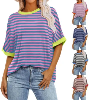 Womens Oversized T Shirts 2024 Casual Crewneck Short Half Sleeve Colorblock Striped Summer Tops