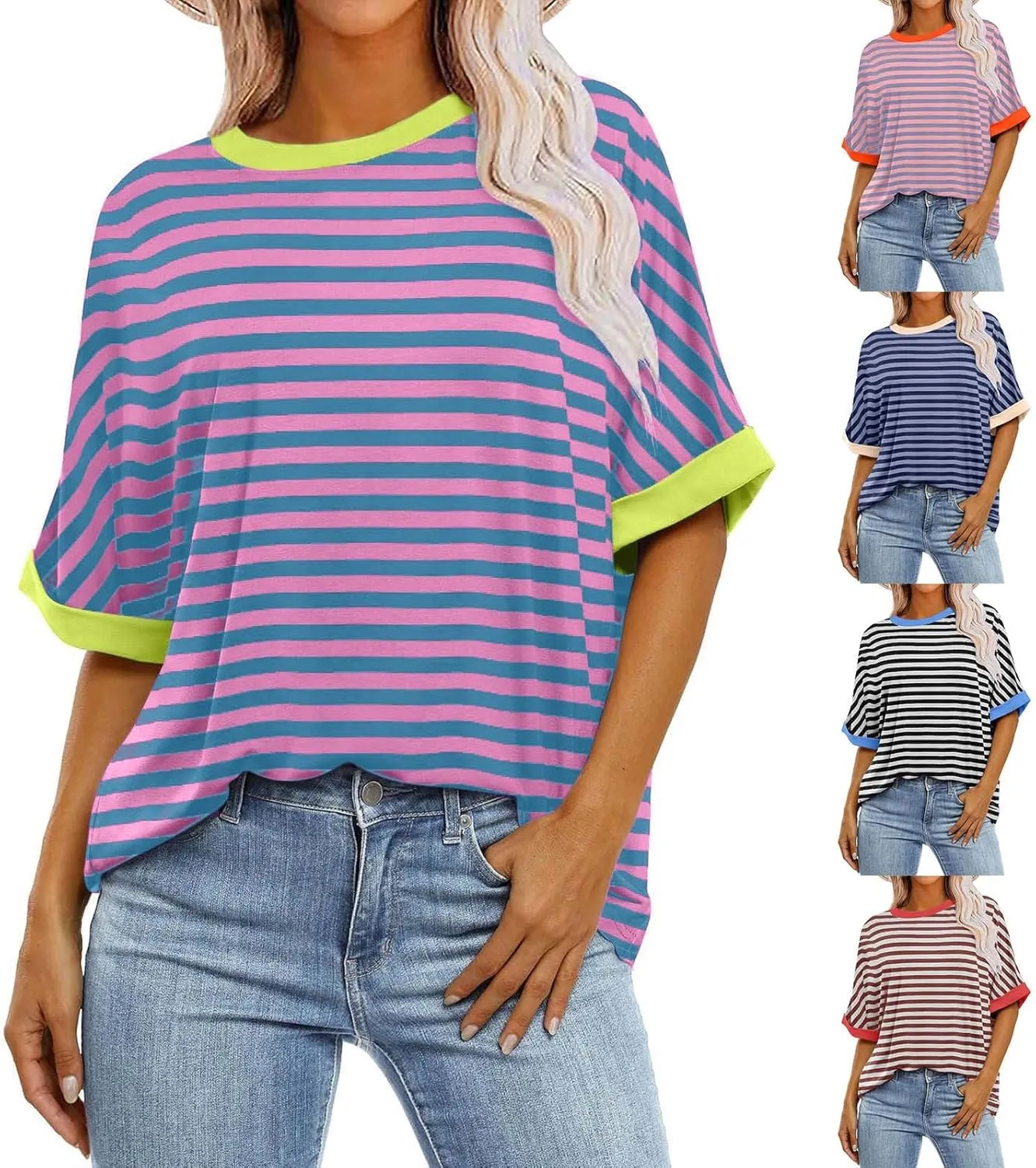 Womens Oversized T Shirts 2024 Casual Crewneck Short Half Sleeve Colorblock Striped Summer Tops