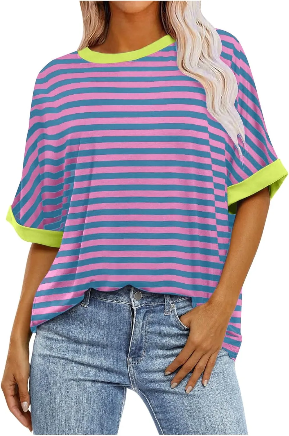 Womens Oversized T Shirts 2024 Casual Crewneck Short Half Sleeve Colorblock Striped Summer Tops