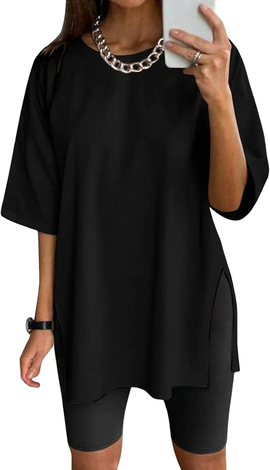 Women's Oversized T Shirts Short Sleeve Crew Neck Split Hem Summer Tops Casual Loose Basic Tee Shirts 2024 Trendy