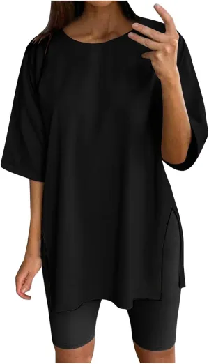 Women's Oversized T Shirts Short Sleeve Crew Neck Split Hem Summer Tops Casual Loose Basic Tee Shirts 2024 Trendy