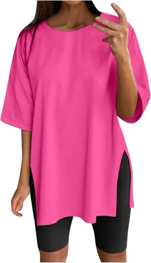 Women's Oversized T Shirts Short Sleeve Crew Neck Split Hem Summer Tops Casual Loose Basic Tee Shirts 2024 Trendy