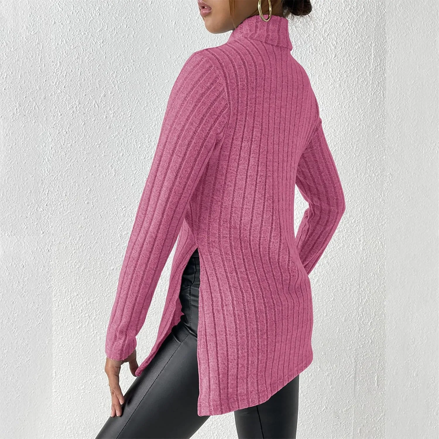 Women's Oversized Turtleneck Sweaters Fall Long Sleeve Ribbed Long Tunic Sweater Lightweight Knit Tops Loungewear