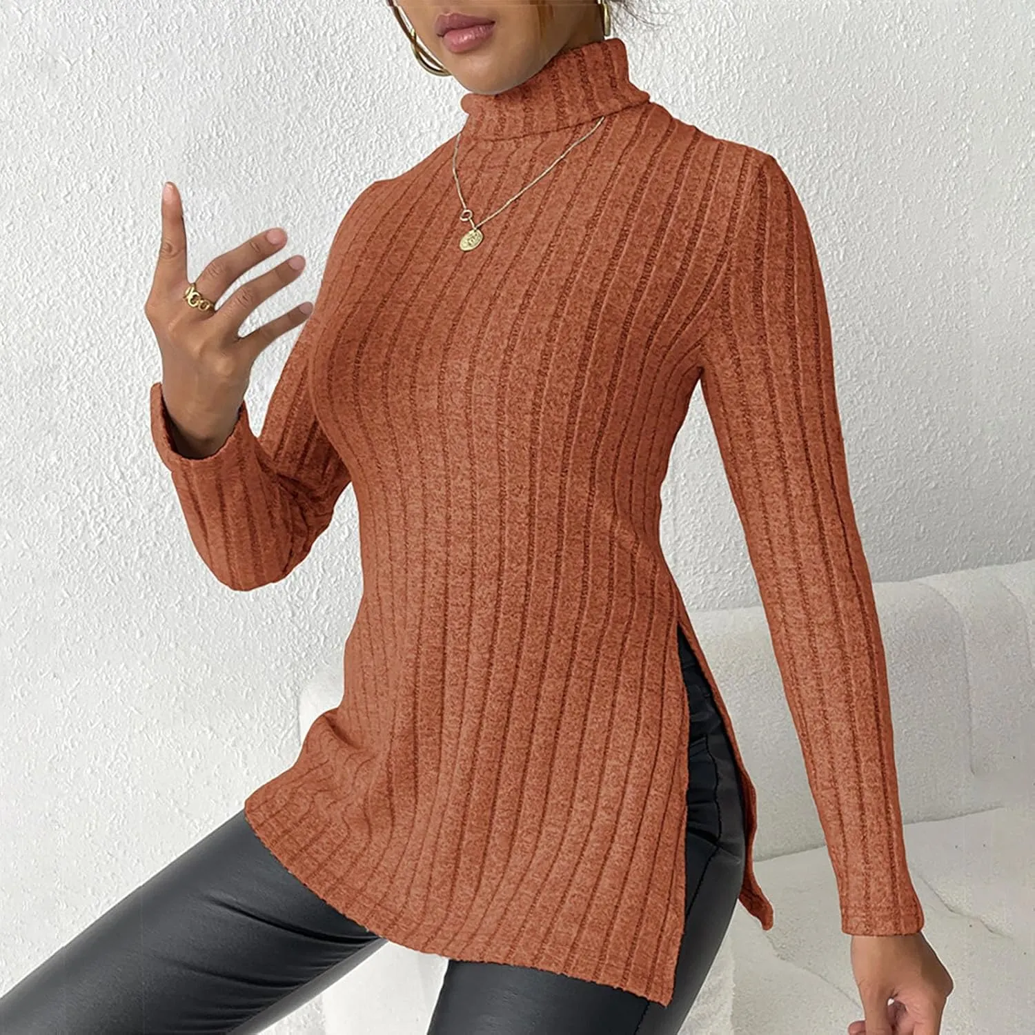 Women's Oversized Turtleneck Sweaters Fall Long Sleeve Ribbed Long Tunic Sweater Lightweight Knit Tops Loungewear