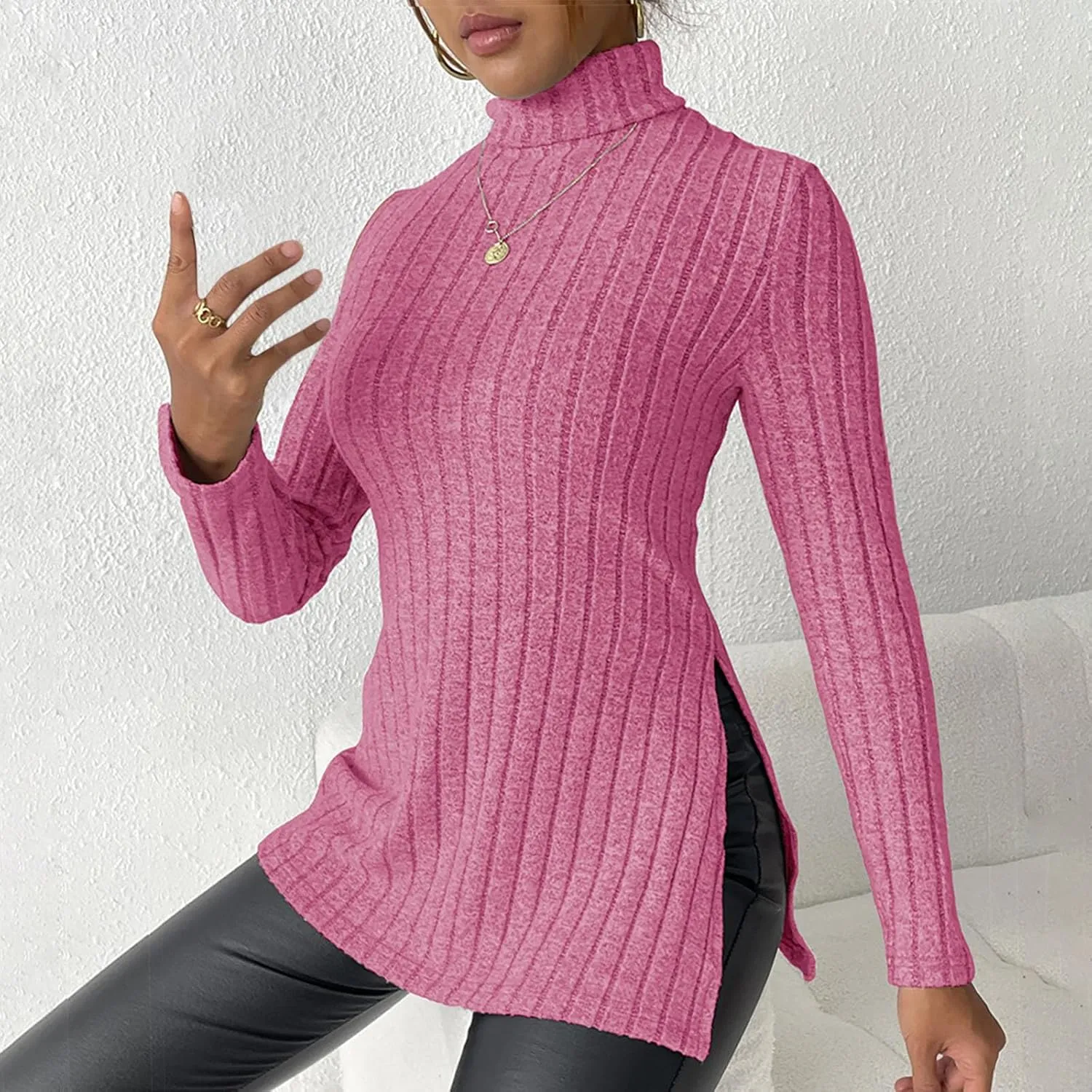 Women's Oversized Turtleneck Sweaters Fall Long Sleeve Ribbed Long Tunic Sweater Lightweight Knit Tops Loungewear