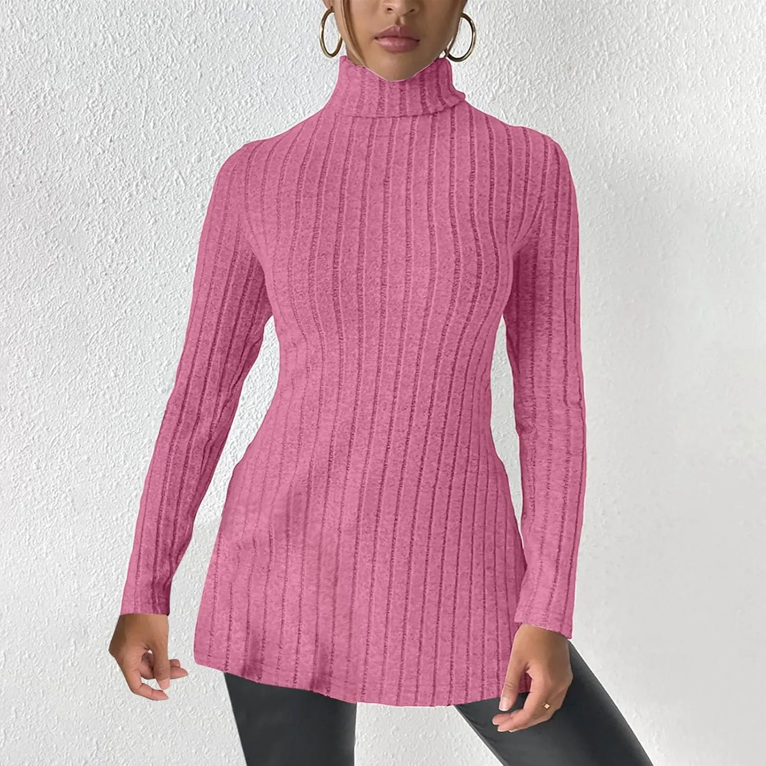 Women's Oversized Turtleneck Sweaters Fall Long Sleeve Ribbed Long Tunic Sweater Lightweight Knit Tops Loungewear