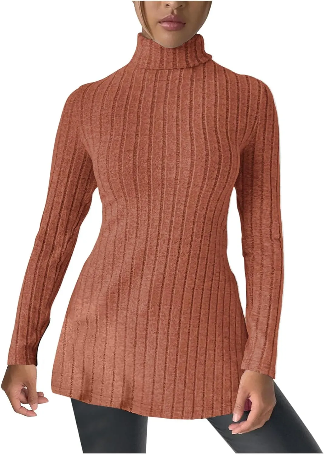 Women's Oversized Turtleneck Sweaters Fall Long Sleeve Ribbed Long Tunic Sweater Lightweight Knit Tops Loungewear